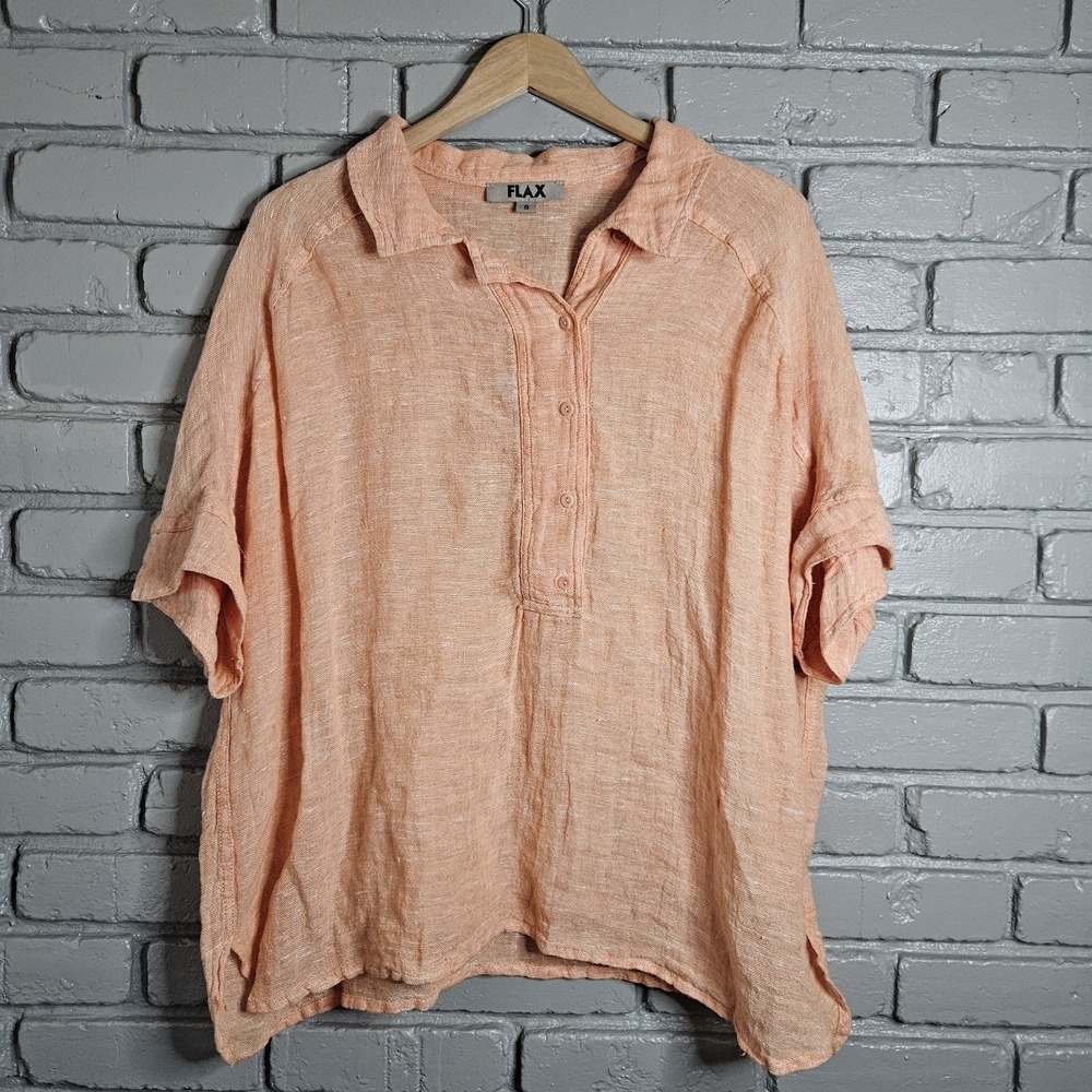 FLAX‎ Shirt Women Small Orange Linen Button Up Cottagecore Oversized Lagenlook